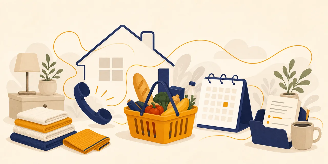 Illustration mit Haushalt, Einkauf, Telefon, Kalender und Unterlagen
